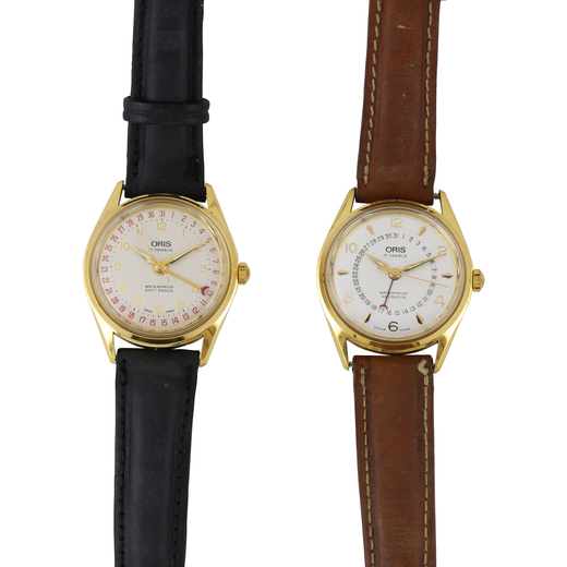 LOTTO DI 2 OROLOGI DA POLSO ORIS LAMINATI, CIRCA 1980 lotto di 2 orologi con cassa in metallo dorato