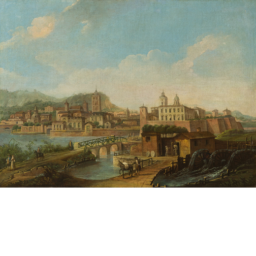 FRANCESCO BATTAGLIOLI (Modena, 1717 - Venezia, 1796) <br>Veduta di città<br>Olio su tela, cm 62,5X8