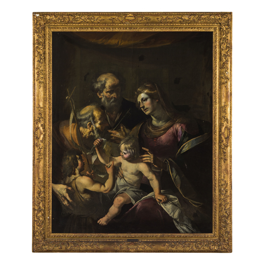 GIOACCHINO ASSERETO (Genova, 1600 - 1649)<br>Sacra Famiglia con San Giovannino e San Pietro<br>Olio 