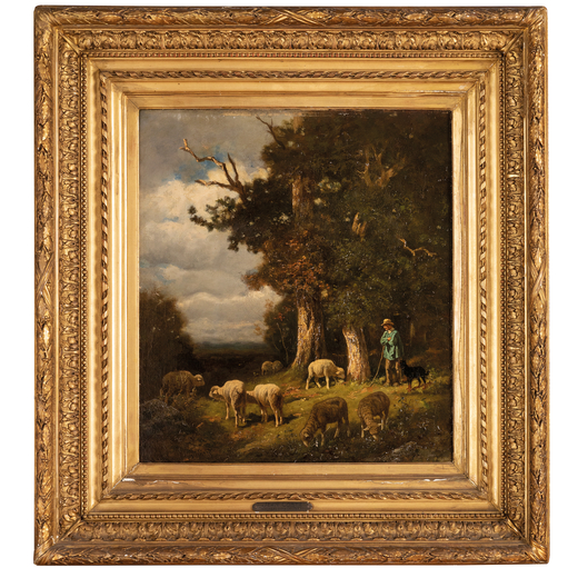 GIOVANNI COSTA Roma, 1826 - Marina di Pisa, 1903<br>Giovane pastore con gregge nella foresta<br>Firm