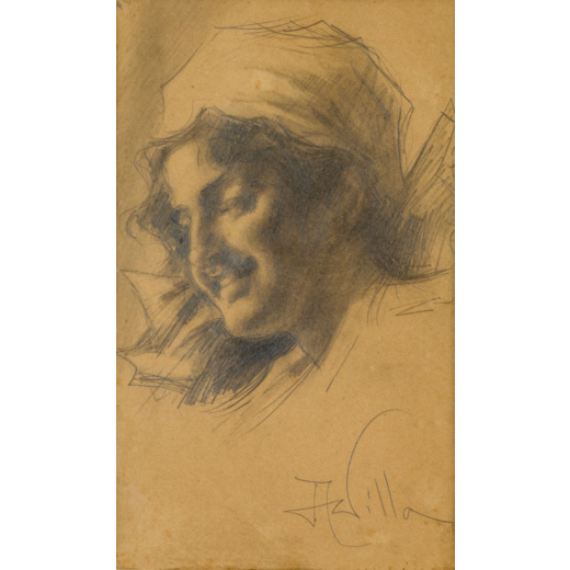 ALEARDO VILLA (1865-1906)  Volto di donna <br>Firmato A. Villa in basso a destra <br>Matita su carta