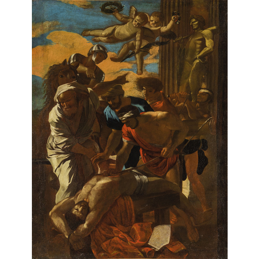NICOLAS POUSSIN (seguace di) (Les Andelys, 1594 - Roma, 1665)<br>Martirio di SantErasmo<br>Olio su t