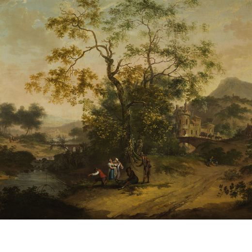 CAREL VAN FALENS (maniera di) (Anversa, 1683 - Parigi, 1733)<br>Paesaggio con pescatori<br>Olio su t