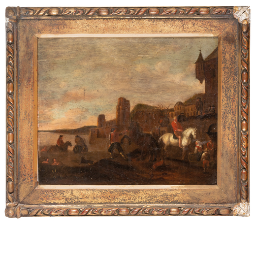 PITTORE FIAMMINGO DEL XVIII SECOLO Paesaggio con cavalieri <br>Olio su tavola, cm 42X40