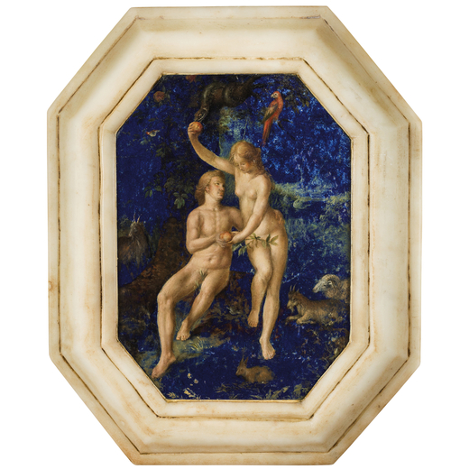JOACHIM WTEWAEL (copia da) (Utrecht, 1566 - 1638)<br>Adamo ed Eva<br>Olio su lapislazzulo, cm 21X15