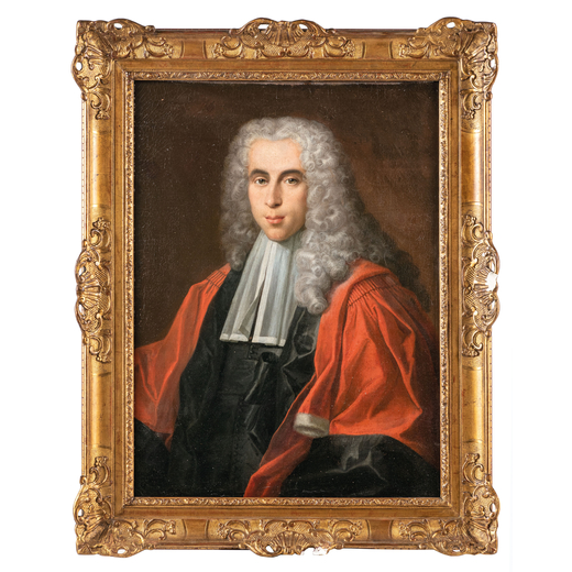HYACINTHE RIGAUD (attr. a) (Perpignano, 1659 - Parigi, 1743)<br>Ritratto di togato con manto rosso <