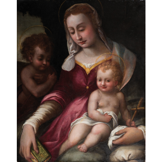 POMPONIO ALLEGRI  (attr. a) (Correggio, 1522 - Parma, 1593) <br>Madonna con il Bambino<br>Olio su ta