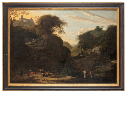 PITTORE DEL XVIII SECOLO Paesaggio con figure e armenti <br>Olio su tela, cm 120X174