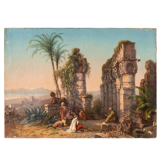JAKOB ALT Francoforte sul Meno, 1789 - Vienna, 1872<br>Rovine con accampamento di arabi<br>Firmato A
