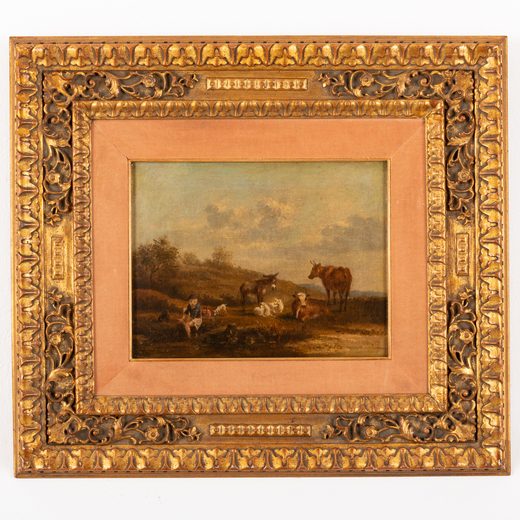 PITTORE VENETO DEL XVIII-XIX SECOLO Paesaggio con pastore e animali<br>Olio su tela, cm 27X35