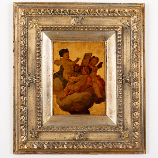 PITTORE FRANCESE DEL XVIII SECOLO Angeli che dipingono<br>Olio su cartone, cm 34X24