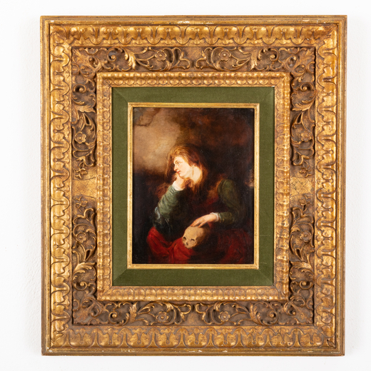 SIMON DE VOS (scuola di) (Anversa, 1603 - 1676)<br>Maddalena<br>Olio su cartone, cm 25X20
