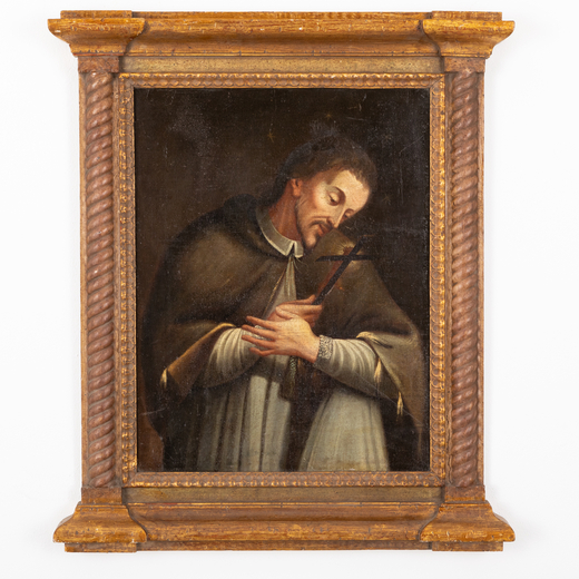 PITTORE DEL XVIII SECOLO San Giovanni Nepomuceno<br>Olio su tela applicata su tavola, cm 65X50