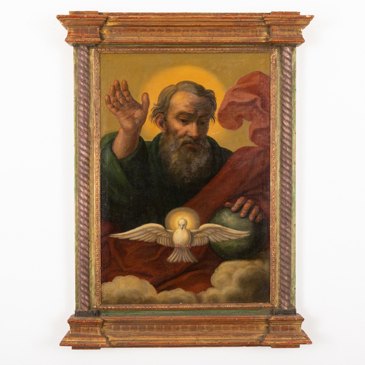 PITTORE DEL XVIII-XIX SECOLO  Il Padre Eterno e lo Spirito Santo <br>Olio su tela, cm 83X56