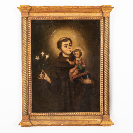 PITTORE DEL XVIII SECOLO SantAntonio col Bambino <br>Olio su tavola, cm 80X60