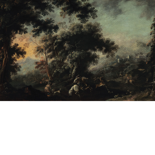 PANDOLFO RESCHI (Danzica, 1624 - Firenze, 1699)<br>Caccia al cervo in un paesaggio boschivo <br>Olio