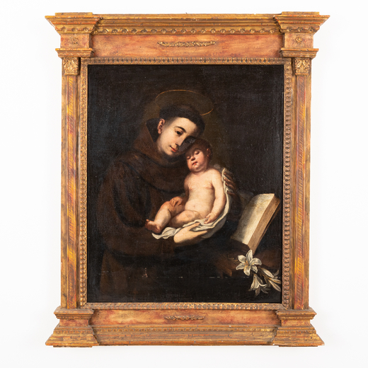 PITTORE DEL XVII-XVIII SECOLO SantAntonio e il Bambin Gesù <br>Olio su tela, cm 92X75