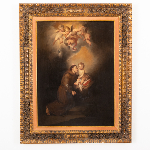 PITTORE DEL XVIII SECOLO SantAntonio col Bambino e angeli<br>Olio su tela, cm 84X62