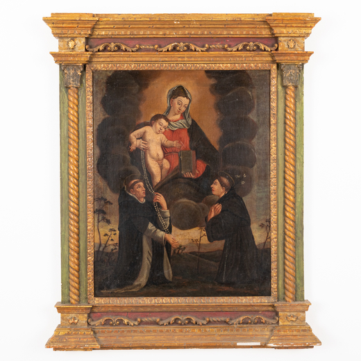 PITTORE DEL XVII-XVIII SECOLO Madonna col Bambino e santi <br>Olio su tela, cm 75X59