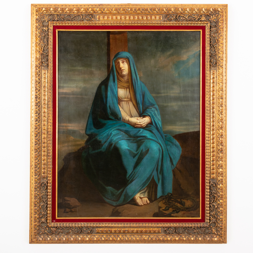 PITTORE DEL XVIII-XIX SECOLO  La Madonna ai piedi della Croce <br>Olio su tela, cm 110X84