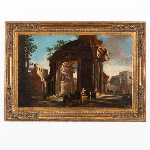 PITTORE DEL XVII-XVIII SECOLO Paesaggio con rovine e figure<br>Olio su tela, cm 73X116