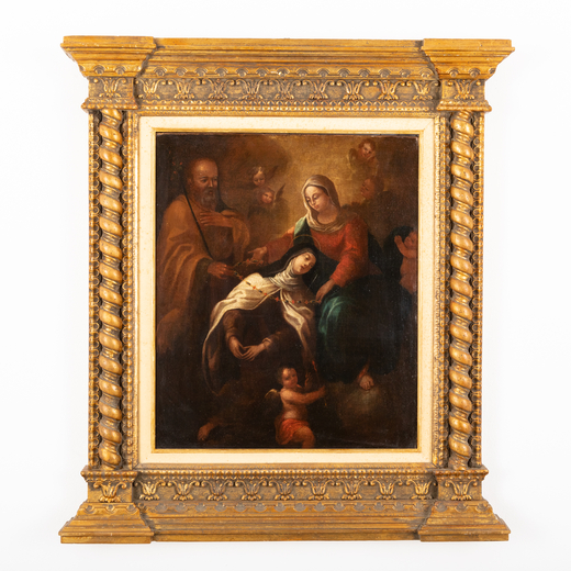 PITTORE DEL XVII-XVIII SECOLO Visione di Santa Teresa<br>Olio su tela, cm 63X52,5