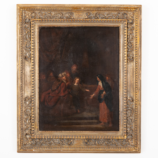 PITTORE FIAMMINGO DEL XVII SECOLO Gesù fra i Dottori<br>Olio su tela, cm 67X52
