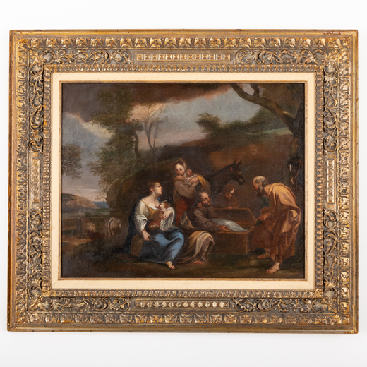 PITTORE ROMANO DEL XVIII SECOLO Scena familiare in un paesaggio <br>Olio su tela, cm 61X75,5