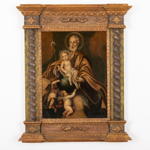 PITTORE DEL XVIII SECOLO San Giuseppe col Bambino <br>Olio su tela, cm 61X46