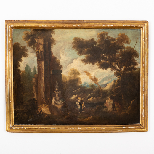 BARTOLOMEO PEDON (attr. a) (Venezia, 1665 - 1732)<br>Paesaggio con rovine e figure<br>Olio su tela, 