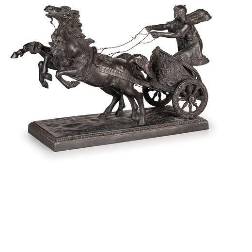 GRUPPO IN BRONZO PATINATO, XIX SECOLO  raffigurante biga con cavalli; usure, graffi, zampa anteriore