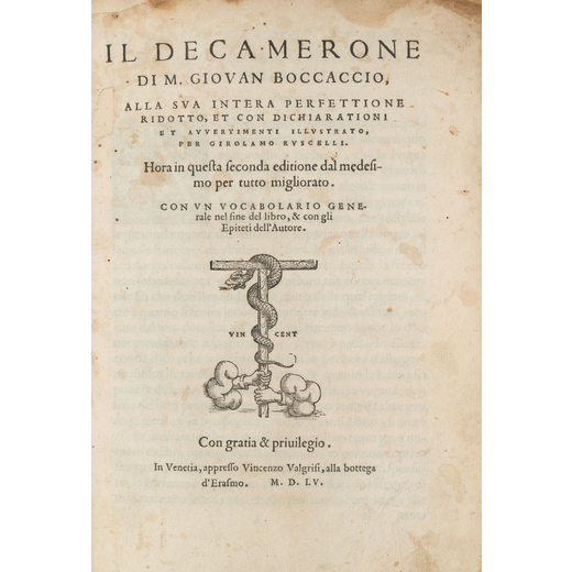 BOCCACCIO, Giovanni (1313-1375). Il Decamerone. Venezia: Valgrisi, 1555.