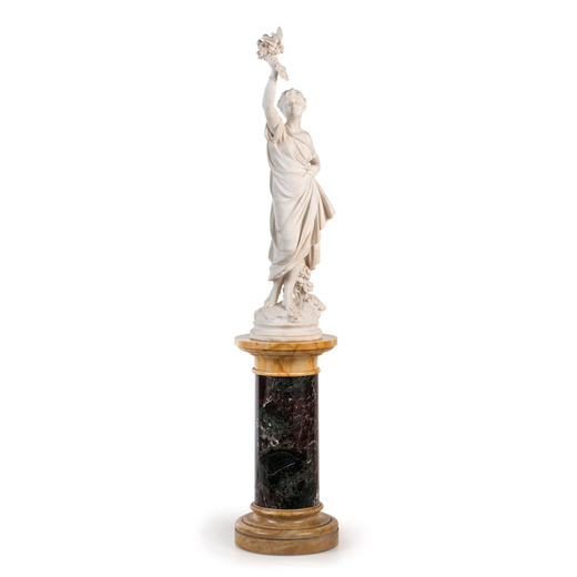LUCA MADRASSI (Tricesimo, 1848 - Parigi, 1919)<br>figura allegorica in marmo, poggia su tronco di co