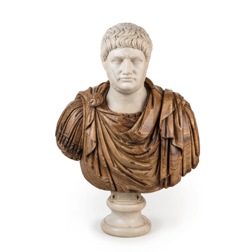SCULTURA IN MRMI DIVERSI tratto da repertori classici e raffigurante busto di Nerone, su base a plin