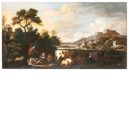 MICHELANGELO CERQUOZZI  (Roma, 1602 - 1660)<br>Veduta con il Ponte Salario e pastori<br>Olio su tela