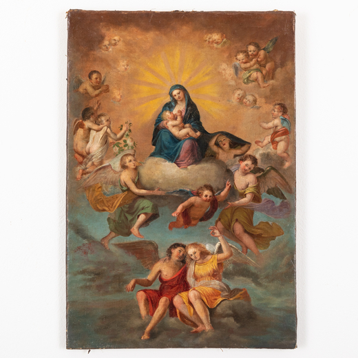 PITTORE DEL XVIII-XIX SECOLO Madonna in gloria e angeli<br>Olio su tela, cm 59X40