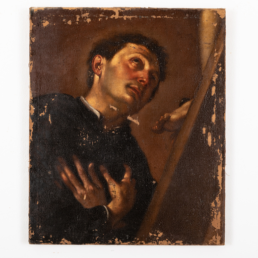 PITTORE DEL XVII-XVIII SECOLO Santo in preghiera<br>Olio su tela, cm 66,5X55
