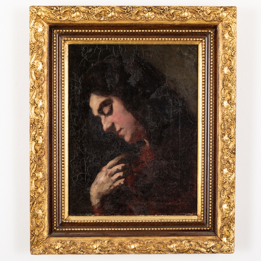 CESARE VIAZZI Alessandria, 1857 - Predosa, 1943<br>Studio di profilo di donna<br>Olio su tela, cm 50