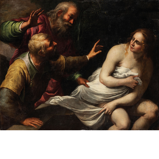 PITTORE GENOVESE DEL XVII SECOLO Susanna e i vecchioni<br>Olio su tela, cm 108,5X133