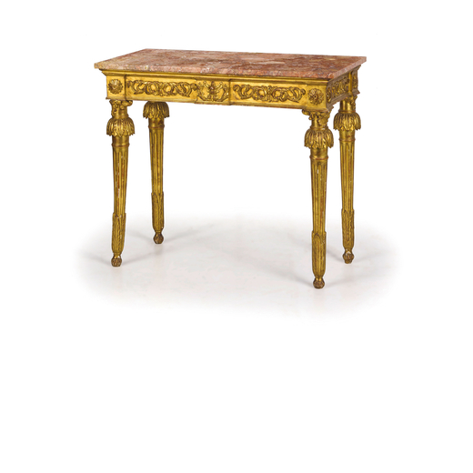 CONSOLE IN LEGNO INTAGLIATO E DORATO, GENOVA, XVIII-XIX SECOLO piano in marmo non pertinente, gambe 