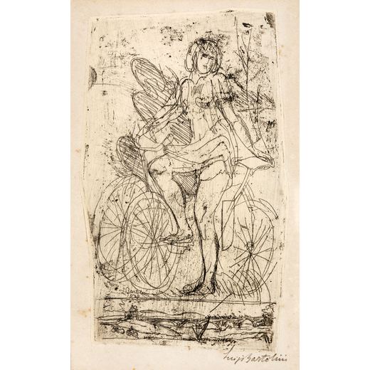 LUIGI BARTOLINI Cupramontana 1892 - Roma 1963<br>Ragazza in bicicletta, 1939<br>Acquaforte, cm 23 x 