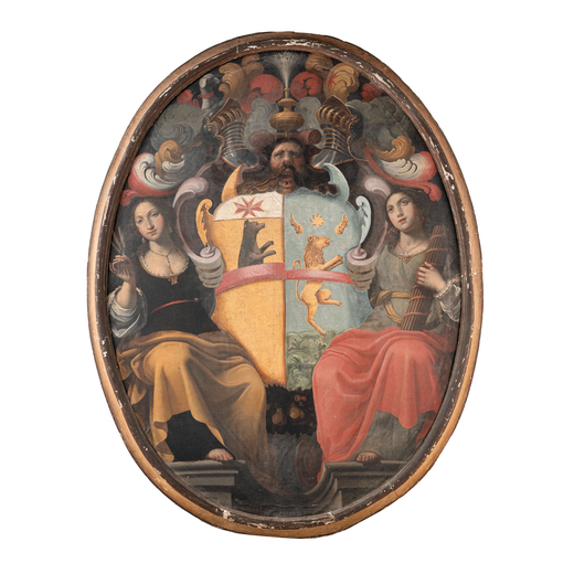 PITTORE TOSCANO DEL XVII SECOLO Emblema<br>Olio su tela ovale, cm 208X157