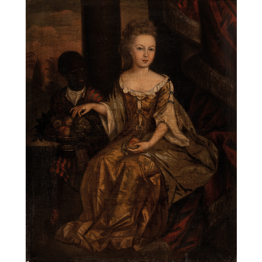 PITTORE DEL XVII-XVIII SECOLO Ritratto di dama con moro <br>Olio su tela, cm 127X102
