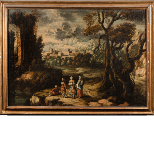 TOMMASO FORMENTI (attr. a) (Milano, 1654 - 1736)<br>Paesaggio con figure<br>Olio su tela, cm 63X89