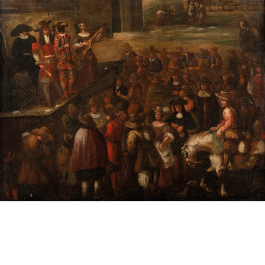 PITTORE DEL XVIII SECOLO Scena di piazza<br>Olio su tela, cm 63,5X83,5