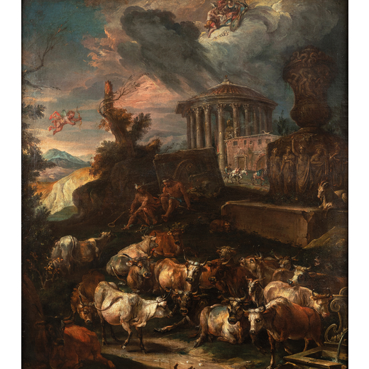 JEAN-BAPTISTE LALLEMAND (attr. a) (Digione, 1716 - Parigi, 1803)<br>Paesaggio con armenti e rovine<b