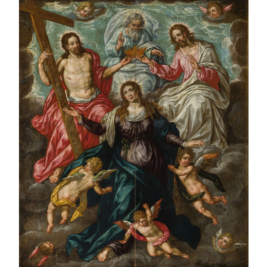 HENDRICK DE CLERCK (cerchia di) (Bruxelles, 1570 circa - 1630)<br>Incoronazione della Vergine<br>Oli