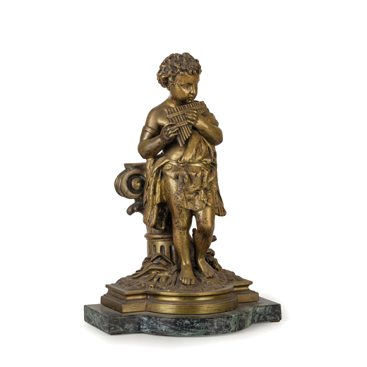 SCULTORE DEL XIX-XX SECOLO  raffigurante piccolo suonatore su base mistilinea con piede in marmo; us