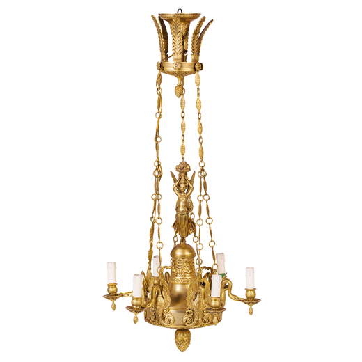 LAMPADARIO IN BRONZO DORATO, XIX-XX SECOLO di gusto Impero, a sei luci su coppa cimata da cariatide 