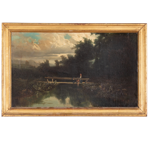 PITTORE DEL XIX SECOLO <br>Paesaggio con ponte e figure <br>Olio su tela, cm 37X62